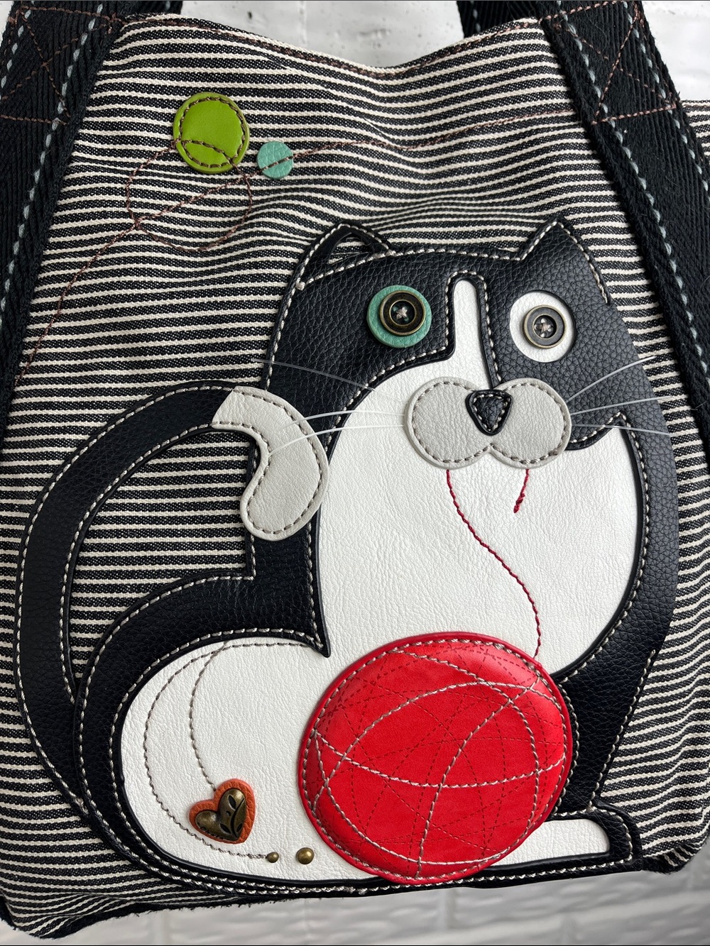CHALA TOTE BLACK AND WHITE CAT ON 100% COTTON THICK CANVAS STRIPE ZIP TOP BAG - Picture 3 of 16